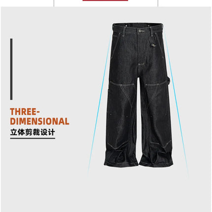 MIJKO Black Original Cow Jeans Wood Trousers Bright Line Design Comfortable Fit Workwear Casual Pants ZJ118