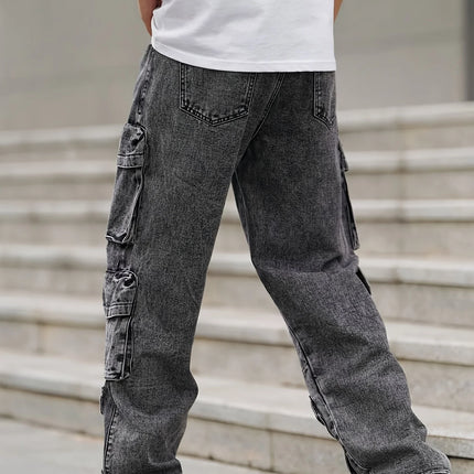 Fashionable men's denim trousers, washed workwear trousers, multi-pocket function for outdoor wear.