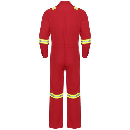 Mens Coveralls High Visibility Reflective Stripes Overalls Turn-Down Collar Long Sleeves Zipper Jumpsuits Work Mechanic Uniform
