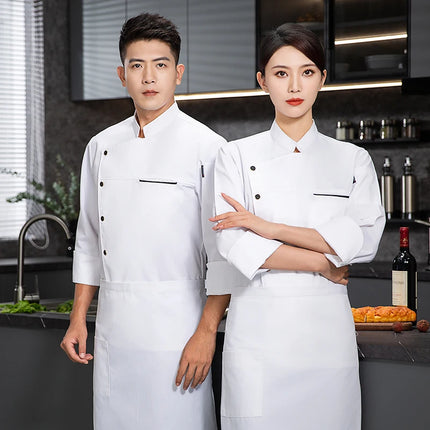 Men chef jacket with apron Long Sleeve Chef uniform Restaurant Cook Coat Chef T-shirt Work Uniform Hotel Clothes Logo women-KarWorkwear