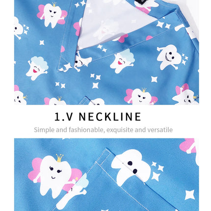 Men's Work Uniform Teeth Print Dentist Comfortable Short Sleeve Scrubs V-Neck Top Clinic Pharmacy Nursing Accessories Blouse New-KarWorkwear