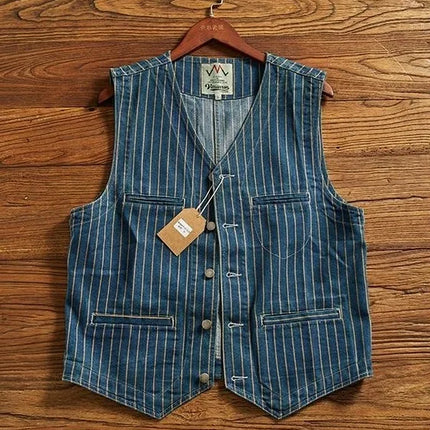 Retro American Striped Workwear Vest Waed Denim Svel Waistcoat Trendy Youth Casual V-ne Four Seasons Outerwear