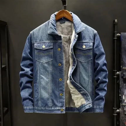 Winter velvet thickened denim jacket Korean style trendy men's versatile loose large size warm work jacket
