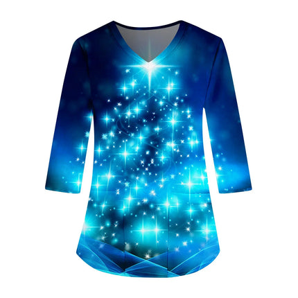 2025 Christmas Women's Scrubs Top With Fun Christmas Print 3/4 Sleeves, V-Neck Pocket, Elastic Fabric, Beauty Salon Spa Hospital-KarWorkwear