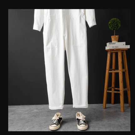 Spring Men Jumpsuits Long Sleeve Multi-pocket Beam Feet Overalls Streetwear Clothing Cargo Pants Hip Hop White Coverall Trousers