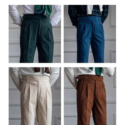 Italian Style Corduroy Naples Suit Pants Men High-waisted Adjustable Belt Straight Trousers Autumn  England Business Casual Pant