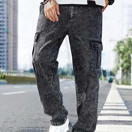 Fashionable men's denim trousers, washed workwear trousers