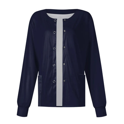 Women Long Sleeve Nurse Uniforms with Pockets Causal Round Collar Solid Single-Breasted Protective Overalls Cardigan Jackets Top