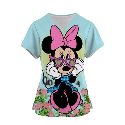 2024 Workwear Tshirt Overalls Uniforms Women's Doctor Nurse Uniform Mickey Mouse 3d Print Pocket V-Neck Nursing Scrubs Tops-KarWorkwear