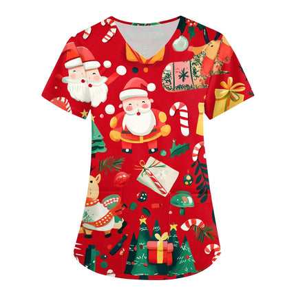 Women Nurse Uniform Christmas Thanksgiving 3d Print V-Neck Pocket Medical Uniforms Cartoon Nursing Scrubs Short Sleeve Pocket Lo-KarWorkwear