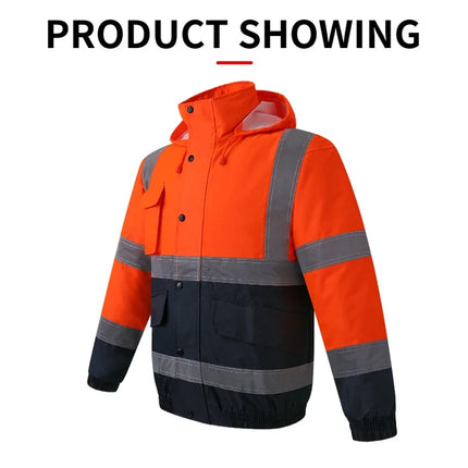 High Visibility Reflective  Jacket Men Waterproof Thickened Safety Coat for Outdoor Work Hi Vis Workwear Bomber Jacket