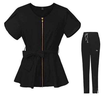 Nurse Uniform Suit Scrubs Uniforms Veterinary Work Clothes Scrub Tops Pants Women Solid Zip Short Sleeve Pockets Carer Uniform-KarWorkwear