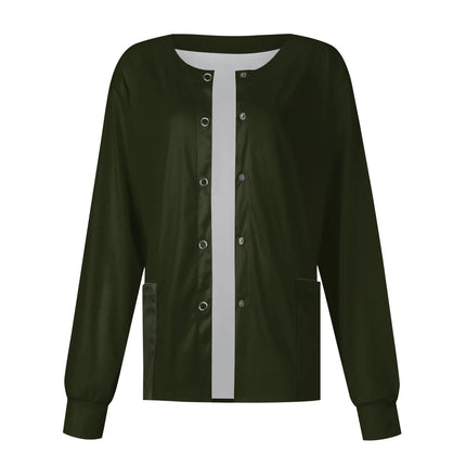 Women Long Sleeve Nurse Uniforms with Pockets Causal Round Collar Solid Single-Breasted Protective Overalls Cardigan Jackets Top