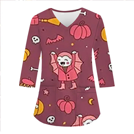 Women Halloween Funny Tee Tops Uniform Woman Prints V-Neck 3/4 Sleeve Pockets Nursing Scrubs Uniform Beauty Salon hospital Clini-KarWorkwear