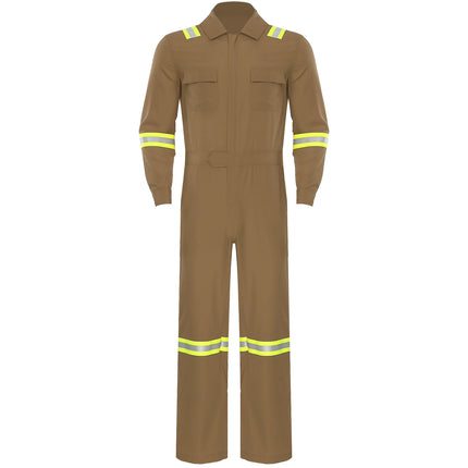 Mens Coveralls High Visibility Reflective Stripes Overalls Turn-Down Collar Long Sleeves Zipper Jumpsuits Work Mechanic Uniform