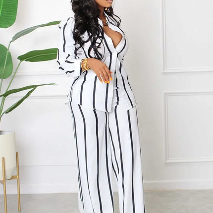 Elegant Work Wear Two Piece Set for Women Matching Sets Striped Print Shirt Top and Wide Leg Pants Office Lady Casual Outfits
