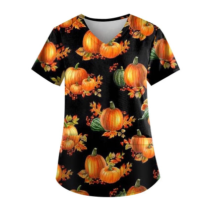 Christmas Medical Scrubs For Women Short Sleeve Pumpkin Face Print with Short Sleeve Pocket V Neck Costumes Wicked Funny Working-KarWorkwear