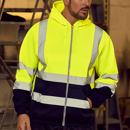 Men Reflective Stripe Hoodie Sweatshirt Long Sleeve Fitting Zipper Hooded Pullover Sanitation Workers Work Clothes Sweatshirt
