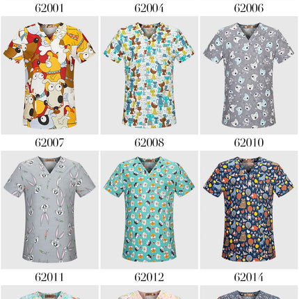 Niaahinn Gray Owl Printing Spa Uniform Women Beauty and Health Scrub Tops Beauty Salon Work Uniform Beauty Salon Scrubs Workwear-KarWorkwear