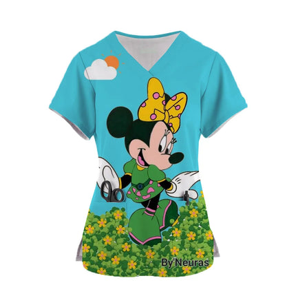 2024 Women's Doctor Nurse Uniform Mickey Mouse 3d Print Pocket V-Neck Nursing Scrubs Tops Workwear Tshirt Overalls Uniforms-KarWorkwear