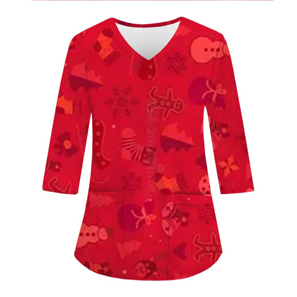 Women Medical Uniforms Christmas 3D Printing Long Sleeve Tops Fashion Hospital Working Scrubs Medical Supplies Nurse Nursing Clo-KarWorkwear