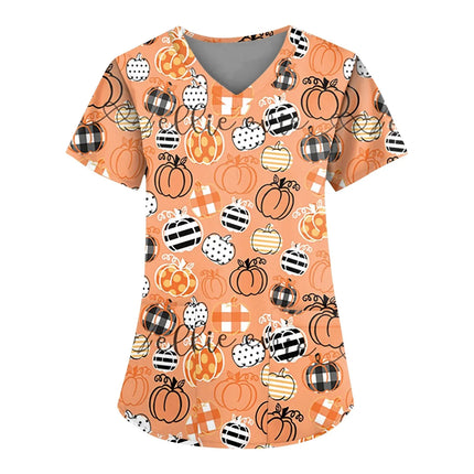 Christmas Medical Scrubs For Women Short Sleeve Pumpkin Face Print with Short Sleeve Pocket V Neck Costumes Wicked Funny Working-KarWorkwear