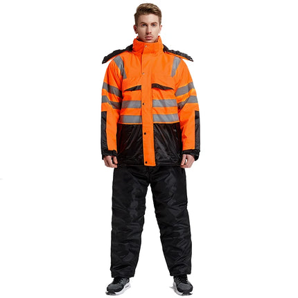 Winter Coveralls Men Waterproof Windproof Reflective Cotton Padded Hooded Coveralls Thicken Thermal Work Uniform Hi Vis Workwear