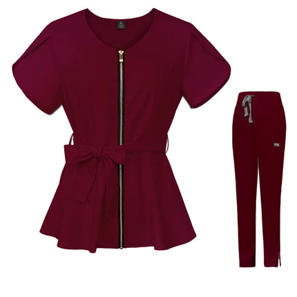 Nurse Uniform Suit Scrubs Uniforms Veterinary Work Clothes Scrub Tops Pants Women Solid Zip Short Sleeve Pockets Carer Uniform-KarWorkwear