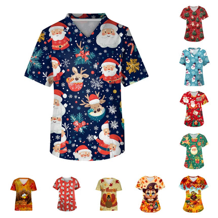 Women Nurse Uniform Christmas Thanksgiving 3d Print V-Neck Pocket Medical Uniforms Cartoon Nursing Scrubs Short Sleeve Pocket Lo-KarWorkwear