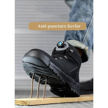 Black Leather Winter Fashion 2023 Rotating Buttons Safety Shoes Men Waterproof Work Boots Men Anti-puncture Protective Footwear-KarWorkwear