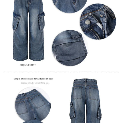 2025 autumn street multi pocket workwear unisex jeans for men and women fashion Y2K trend loose wide leg pants