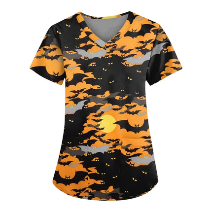 Christmas Medical Scrubs For Women Short Sleeve Pumpkin Face Print with Short Sleeve Pocket V Neck Costumes Wicked Funny Working-KarWorkwear