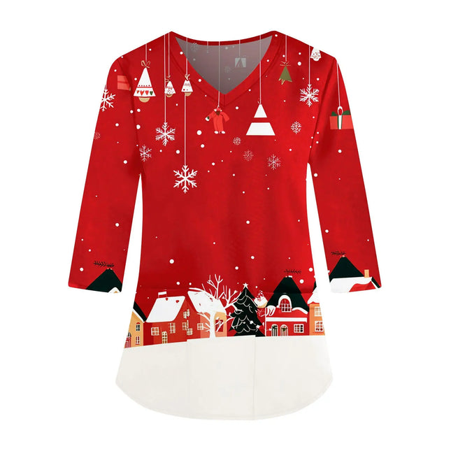 2025 Christmas Women's Scrubs Top With Fun Christmas Print 3/4 Sleeves, V-Neck Pocket, Elastic Fabric, Beauty Salon Spa Hospital-KarWorkwear
