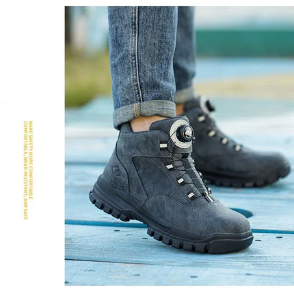 Black Leather Winter Fashion 2023 Rotating Buttons Safety Shoes Men Waterproof Work Boots Men Anti-puncture Protective Footwear-KarWorkwear