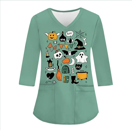Women Halloween Funny Tee Tops Uniform Woman Prints V-Neck 3/4 Sleeve Pockets Nursing Scrubs Uniform Beauty Salon hospital Clini-KarWorkwear