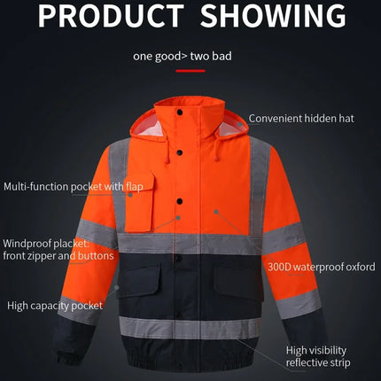 High Visibility Reflective  Jacket Men Waterproof Thickened Safety Coat for Outdoor Work Hi Vis Workwear Bomber Jacket
