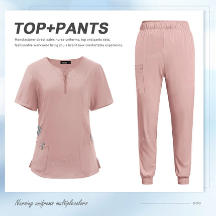 Women Scrub Set Zip-Neck Short Sleeve Scrub Top Pants Sets Nurse Uniforms Medical Nurses Accessories for Hospital Doctor Uniform-KarWorkwear