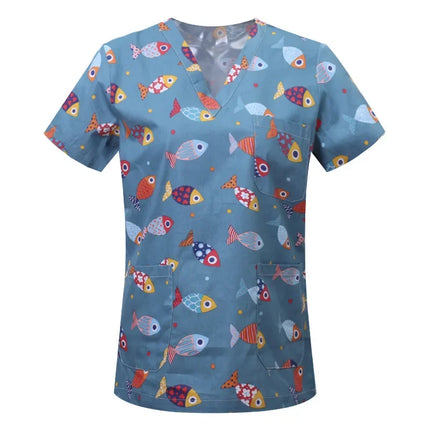 Pet Clinic Vet Work Uniforms Women Nurse Accessories Animal Printed Hospital Doctor Nursing T-Shirt Medical Scrubs Clothes Tops-KarWorkwear