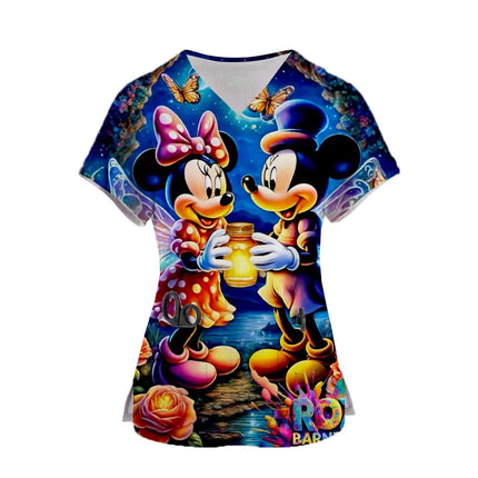 Disney Mickey Mouse Print Nurse Medical Uniforms V-neck Short Sleeve Pocket Workwear Top Scrubs Medical Accessories Uniform ﻿-KarWorkwear