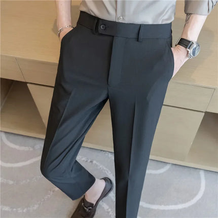 2025 Summer Thin White Elastic Nine Cent Suit Pants for Men,gray Blue Four-side Elastic Comfortable Drape Men's Casual Trousers