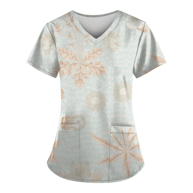 2023 Women Nurse Scrub Working Uniforms Pocket T-Shirt Workwear V-Neck Tops For Female Blouse Print Short Sleeve Hospital Mujer-KarWorkwear