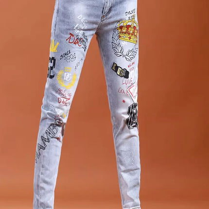 High End Stylish Classic Distinctive Printed Black Stretch Denim Jeans for Men High Quality Slim Fit Stretch Luxury Denim Pants