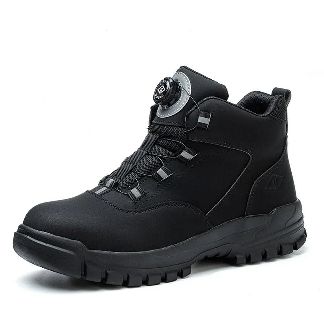 Black Leather Winter Fashion 2023 Rotating Buttons Safety Shoes Men Waterproof Work Boots Men Anti-puncture Protective Footwear-KarWorkwear