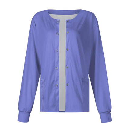 Women Long Sleeve Nurse Uniforms with Pockets Causal Round Collar Solid Single-Breasted Protective Overalls Cardigan Jackets Top