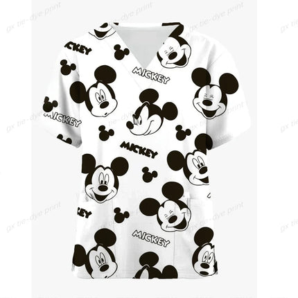 Miniso Disney Mickey Mouse 3DPrint Nurse Medical Uniforms V-neck Short Sleeve Pocket Workwear Scrubs Medical Accessories Uniform-KarWorkwear