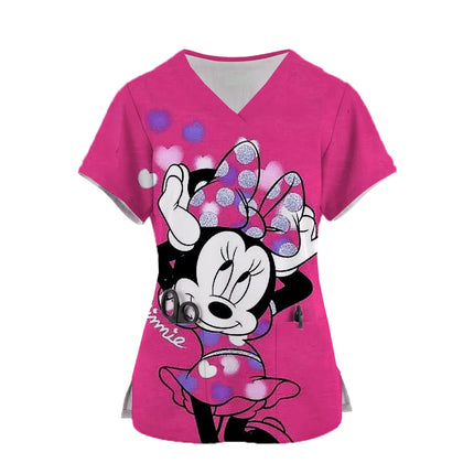 2024 Women's Doctor Nurse Uniform Mickey Mouse 3d Print Pocket V-Neck Nursing Scrubs Tops Workwear Tshirt Overalls Uniforms-KarWorkwear
