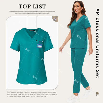 New Scrubs Set Medical Doctor Uniforms Stretch Scrub Top With Pocket Straight Pants Nurse Uniforms Beauty Salon Lab Workwear-KarWorkwear