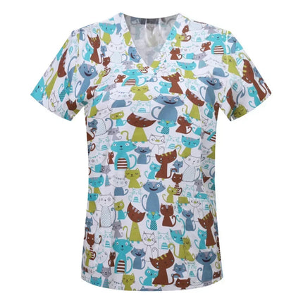 Pet Clinic Vet Work Uniforms Women Nurse Accessories Animal Printed Hospital Doctor Nursing T-Shirt Medical Scrubs Clothes Tops-KarWorkwear