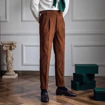 Italian Style Corduroy Naples Suit Pants Men High-waisted Adjustable Belt Straight Trousers Autumn  England Business Casual Pant