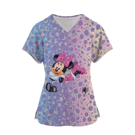 Nurse Uniform Women Disney Minnie Print Short Sleeve Neck Tops Working Uniform Blouse Scrubs Workwear Nursing Working T-shirts-KarWorkwear